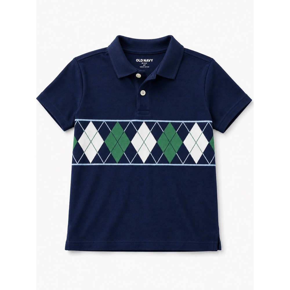 Old Navy Kids Navy Blue Argyle Short Sleeve Polo Shirt XS 5 Oversized Cotton